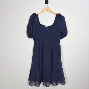 Jodifl Navy Gingham Smocked Puff Sleeve Ruffle Hem Mini Dress Women's Size Large